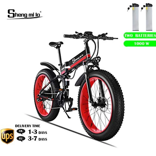 Electric Bike : Shengmilo Electric Folding Bike, 26 Inch Mountain Snow E- Bike, 2PCS 48V / 13Ah Lithium Battery Included(Red)