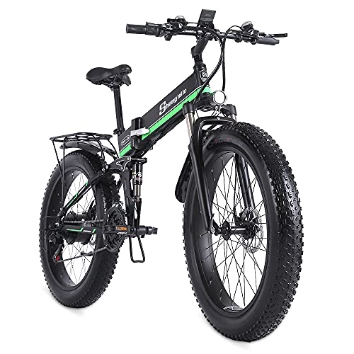 Electric Bike : Shengmilo-MX01 Folding Electric Bicycles 26 Inch Fat Tire Electric Bike 48V 1000W Motor Snow Electric Bicycle with Shimano 21 Speed (Green)