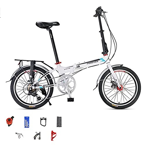 Folding Bike : 20 Inch Folding Bike, 7 Speeds Portable Urban Road Bike With Dual Disc Brakes Lightweight Foldable Bicycle Commute Cycle for Men Women White