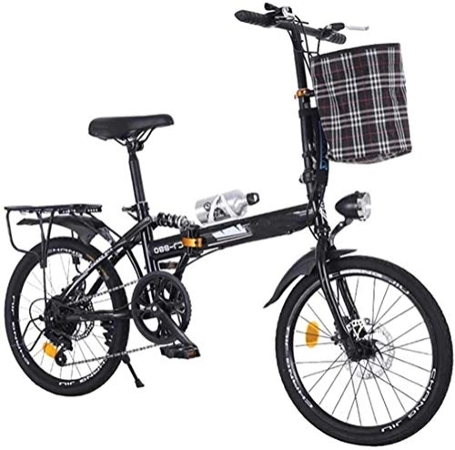 Folding Bike : COUYY 20-inch folding bicycle, city folding bicycle, adult ultra-light portable disc brake shock absorber 6-speed mountain bike, Black