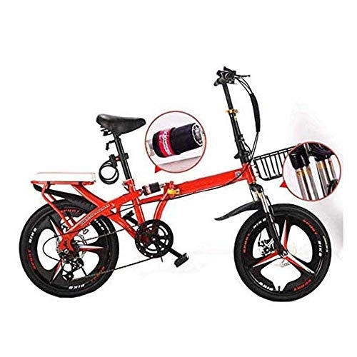 Folding Bike : COUYY Travel bike, folding mountain bike, 16-inch unisex alloy city bike, adjustable handle and 6-speed, disc brake, Red