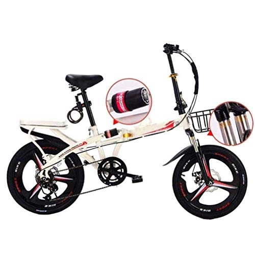 Folding Bike : COUYY Travel bike, folding mountain bike, 16-inch unisex alloy city bike, adjustable handle and 6-speed, disc brake, White