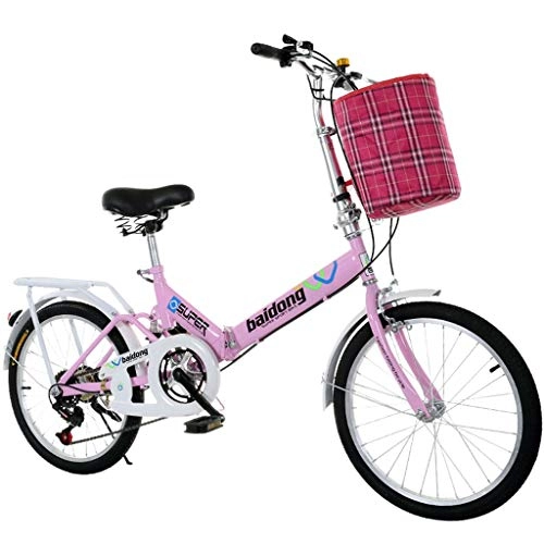Folding Bike : DERTHWER mountain bikes Folding Bicycle Portable Variable Speed Bicycle Adult Student City Commuter Freestyle Bicycle with Basket (Color : Pink)