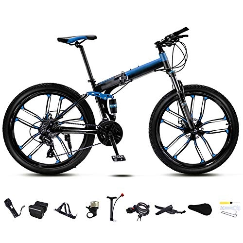 Folding Bike : JI TA 24-26 Inch MTB Bicycle, Unisex Folding Commuter Bike, 30-Speed Gears Foldable Mountain Bike, Off-Road Variable Speed Bikes for Men And Women, Double Disc Brake / blue / C whee