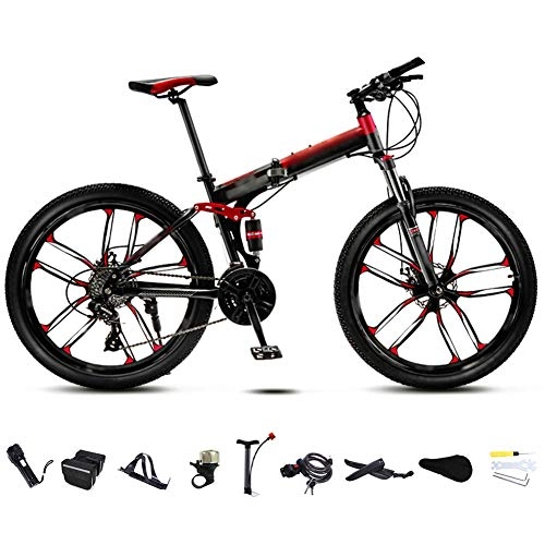 Folding Bike : JI TA 24-26 Inch MTB Bicycle, Unisex Folding Commuter Bike, 30-Speed Gears Foldable Mountain Bike, Off-Road Variable Speed Bikes for Men And Women, Double Disc Brake / Red / C wheel