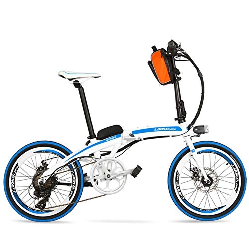 Elektrofahrräder : LANKELEISI QF600 48V 12Ah große leistungsfähige bewegliche 20 Zoll, die E-Fahrrad, Aluminiumlegierungs-Rahmen-elektrisches Fahrrad, beide Scheibenbremsen Falten (White Blue, Plus Extra Battery)