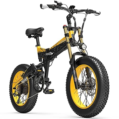 Elektrofahrräder : X3000plus-UP 20 Zoll 4, 0 Fat Tire Snow Bike, klappbares Mountainbike, Vollfederung, verbesserte Vorderradgabel (Black Yellow, 17.5Ah + 1 Ersatzbatterie)