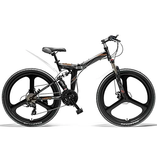 Falträder : LANKELEISI K660 26-Zoll-Faltrad, 21-Gang-Mountainbike, vordere und hintere Scheibenbremse, integriertes Rad, Vollfederung (Black Grey)
