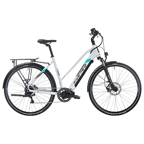 Vélos électriques : Multibrand Distribution SPR E-Trekking Faster Vélo Électrique de Trekking 28 Pouces VTT, Batterie 12, 5 Ah, Moteur Central, 9 Vitesses (Blanc Brillant Turquoise)