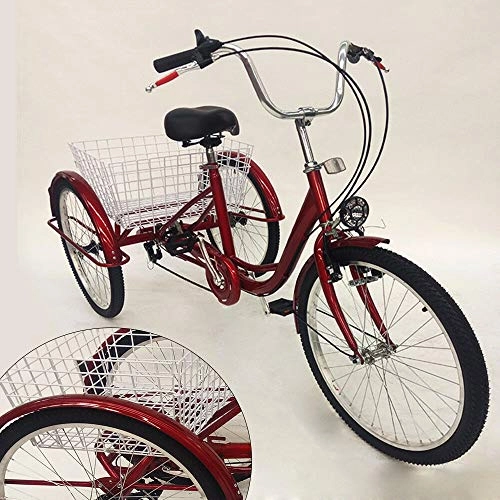 Vélos électriques : OU BEST CHOOSE 24" 3 Roues Adulte Tricycle avec Lampe 6 Vitesses vélo, Panier à vélo Trike Tricycle pédale vélo, pour Faire du Shopping en Plein air de Pique-Nique Sports (Rouge)