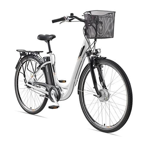 Vélos électriques : TELEFUNKEN Vélo électrique pour femme 28" - Dérailleur Shimano 7 vitesses avec rétropédalage, vélo de ville Pedelec en aluminium avec panier de vélo, moteur avant 250 W / 10, 4 Ah / 36 V, batterie de