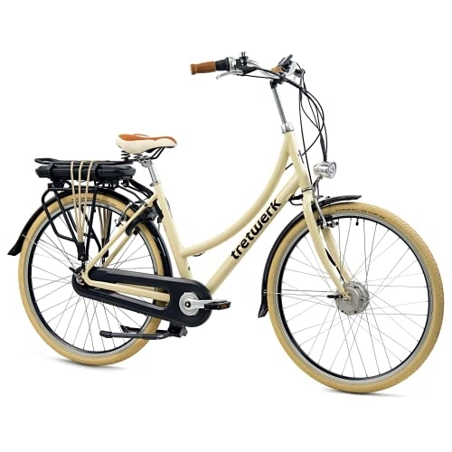 Vélos électriques : TreTWERK – Vélo électrique 28" – Aurora – Pedelec – Vélo pour femme avec moyeu Shimano 7 vitesses – Vélo électrique hollandais avec moteur avant 250 W 36 V 468 Wh 40 Nm – Beige 50 cm