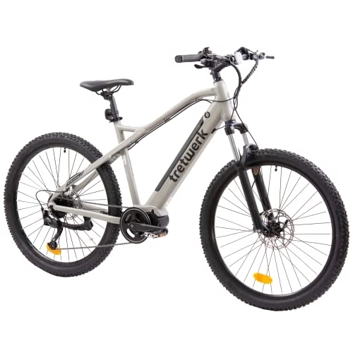 Vélos électriques : Tretwerk Vélo électrique VTT 27, 5" Gris – Vélo de montagne Pedelec avec dérailleur Shimano 9 vitesses – Vélo électrique VTT Hardtail avec moteur moyeu arrière 250 W, 36 V