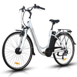 Hotplex Bici elettriches Hotplex Bicicletta elettrica per donna e uomo, bici da 28 pollici, E-Citybike RC820, batteria da 10, 4 Ah, motore anteriore da 250 W, cambio Shimano a 7 velocità, 25 km / h (bianco)