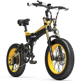 LANKELEISI Fahrräder X3000plus-UP 20 Zoll 4, 0 Fat Tire Snow Bike, klappbares Mountainbike, Vollfederung, verbesserte Vorderradgabel (Black Yellow, 14.5Ah + 1 Ersatzbatterie)
