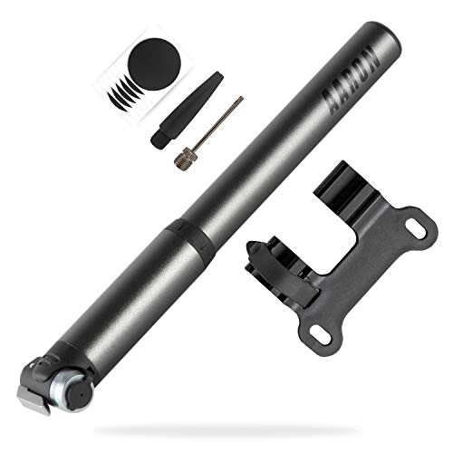 Bombas de bicicleta : AARON Pocket One - Bomba de aire para bicicleta para todas las válvulas, compacta, pequeña, ligera y portátil, de alta presión, 100 psi / 7 bar, minibomba para ruedas, color gris