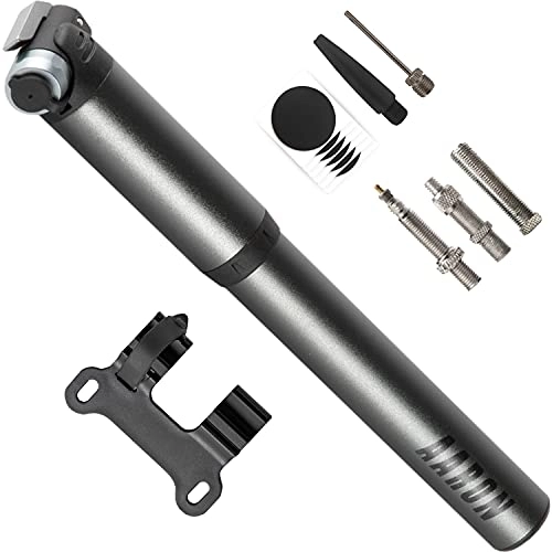 Bombas de bicicleta : AARON Pocket One Mini bomba de bicicleta para todas las válvulas, compacta, apta para cualquier marco, bomba de mano para viajes con kit de pinchazos, en negro / gris