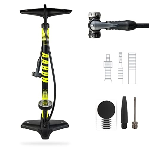 Bombas de bicicleta : AARON Sport One - Bomba de pie Universal para Bicicletas - con indicador de presión y Adaptador para balones - para bicis eléctricas, de montaña y de Carretera - Amarillo