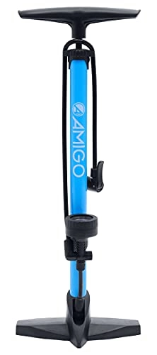 Bombas de bicicleta : Amigo Bomba de aire M2 con manómetro – Bomba de bicicleta para todas las válvulas – Válvula Dunlop – Válvula francesa – Bomba de pie 11 bar / 160 psi, color azul