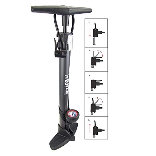 Bombas de bicicleta : Bomba de pie de acero P4B para neumáticos de bicicleta, pelotas, colchones de aire, ancha y estable, pie de plástico en negro / gris