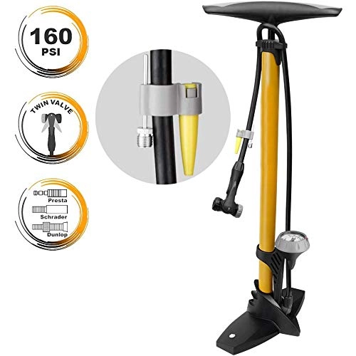Bombas de bicicleta : CDS - Bomba ergonómica para bicicleta con indicador y cabezal de válvula inteligente, 160 psi, reversible automáticamente Presta y Schrader amarillo
