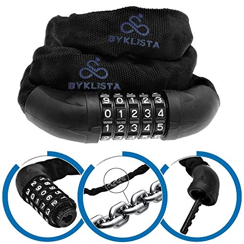 Cerraduras de bicicleta : BYKLISTA Candado de Bicicleta Profesional - candado antirrobo con Cadena de Acero 60mm x 100cm con combinación de números de 5 dígitos