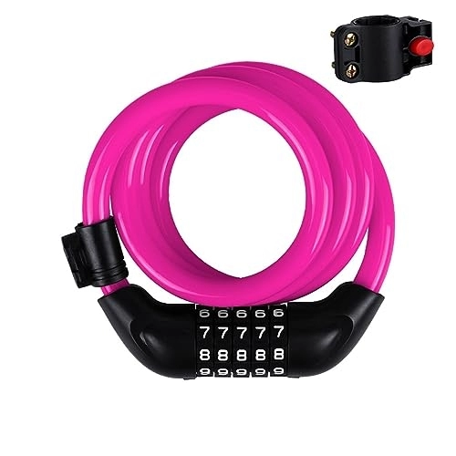 Cerraduras de bicicleta : Candado de bicicleta con código de 5 dígitos Aintap: cable de acero de 1, 2 mx 12 mm - Seguridad antirrobo definitiva para bicicletas - Fácil de usar y transportar - Rosa vibrante