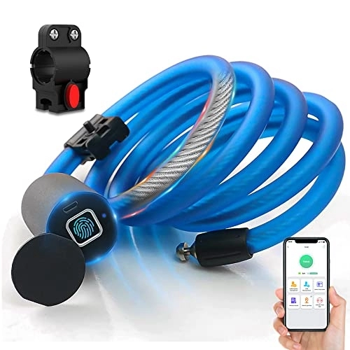 Cerraduras de bicicleta : Candado de cable digital eLinkSmart Candado de bicicleta Huella digital / Aplicación de teléfono, Candado de cable sin llave de 150 cm para bicicleta, scooter, motocicleta, puerta, impermeable, azul