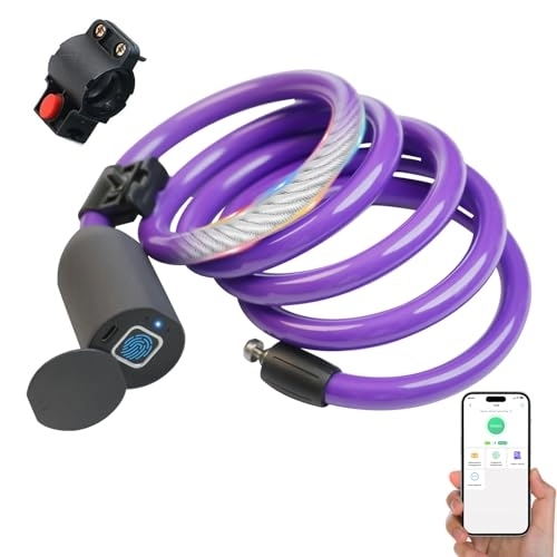 Cerraduras de bicicleta : Candado de cable electrónico, eLinkSmart para bicicleta con huella dactilar / aplicación de teléfono, 150 cm de longitud, resistente al agua, sin llave, desbloqueo autorizado, morado