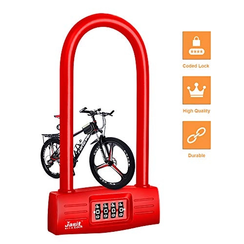 Cerraduras de bicicleta : Candado en U Bicicleta, combinación de 4 dígitos, Bloqueo en U, reajustable, Bloqueo de Seguridad, Llave antipérdida, antirrobo, Bloqueo de (Red)