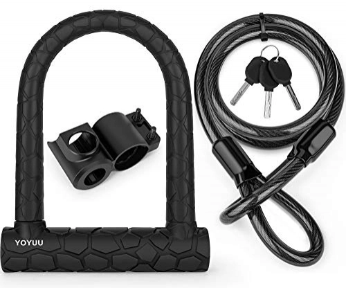 Cerraduras de bicicleta : Candado en U para bicicleta, candado en D de grillete resistente con 3 llaves, cable de acero flexible de 1, 2 m y soporte de montaje