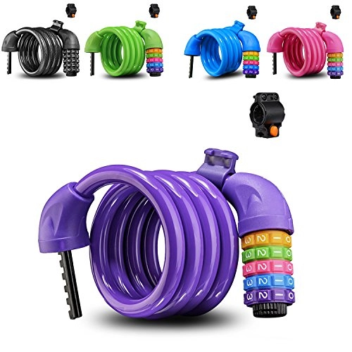 Cerraduras de bicicleta : Colorido candado para bicicletas de gran seguridad, cable de cierre de 5 posiciones con sujeción, sistema en espiral, 110 cm de largo, morado