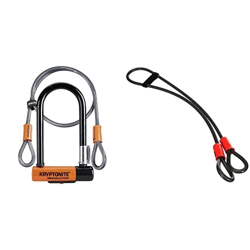 Cerraduras de bicicleta : Kryptonite Evolution Mini 7 con 4' cable de lazo U-Lock Kripto Flex doble para bicicleta Naranja y Negro + Kryptoflex Cable de seguridad, color plateado / naranja 213 cm, Ø 10 mm