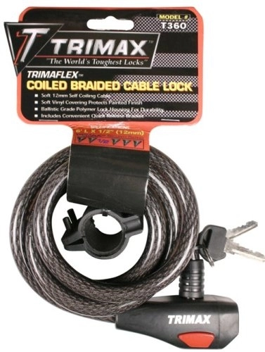 Cerraduras de bicicleta : Trimax T360 Alta Seguridad Bloqueo de Cable con Soporte de liberación rápida, 72 cm de Largo x 8 mm en Espiral