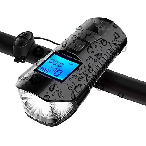 Ordenadores de ciclismo : ANZAGA Ordenador para Bicicleta, luz para Bicicleta, luz Frontal para Bicicleta Recargable por USB con velocímetro y Pantalla LCD