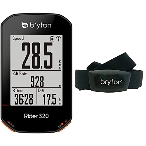 Ordenadores de ciclismo : Bryton Rider 320 E Ciclocomputador, Unisex Adulto, Negro + Banda y Sensor Frecuencia Cardiaca GPS Ciclismo, Negro, Talla Única