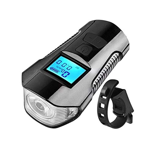 Ordenadores de ciclismo : Ordenador de bicicleta recargable USB con faro delantero, LED Cuentakilómetros de ciclismo Velocímetro Impermeable para la mayoría de las bicicletas - 4 modos de luz, 6 anillos de bocina, Negro