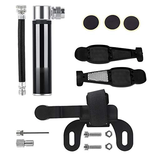 Pompes à vélo : Eastbride Pompe de vélo en Alliage d'aluminium + kit de réparation de pneus, Mini Cylindre Gonflable Manuel, s'adapte à la Valve Presta & Schrader-Black_B
