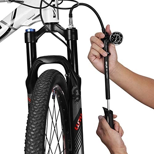 Pompes à vélo : GIYO Pompe à choc haute pression, (300 psi max), fourche et suspension arrière, levier de verrouillage sur la buse sans perte d'air (Siber) (Noir-1)