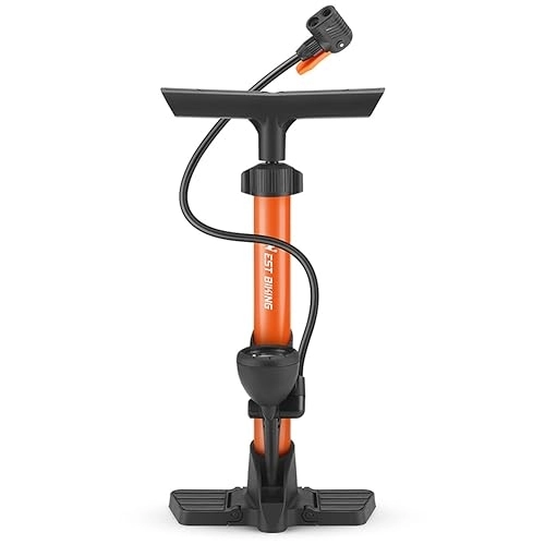 Pompes à vélo : LYEAA Pompe à pied avec jauge - Base pliable - Pompe à pneu de vélo - 160 PSI - Pompe à air haute pression - Gonfleur pour valves Presta et Schrader (orange)