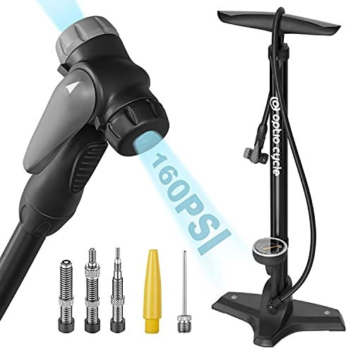 Pompes à vélo : Optio Cycle Pompe à air pour vélo - Avec adaptateurs pour différentes valves - Avec affichage manomètre - Pour vélo électrique, VTT, vélo de route., Pompe à vélo noire