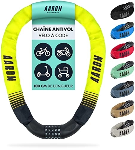 Verrous de vélo : AARON - Antivol pour vélo Lock One à Combinaison à 5 Chiffres - Chaine en Acier / Niveau de sécurité élevé - pour vélo électrique / VTT / VTC / vélo de Ville / vélo de Course / véhicule électrique