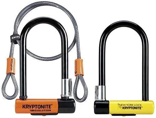 Verrous de vélo : Kryptonite New York Lock Standard, Verrou de vélo, Noir / Jaune, 10 x 20 cm & Evolution Mini-7 Serrure avec câble et support flexibles - Orange, 7 pouces