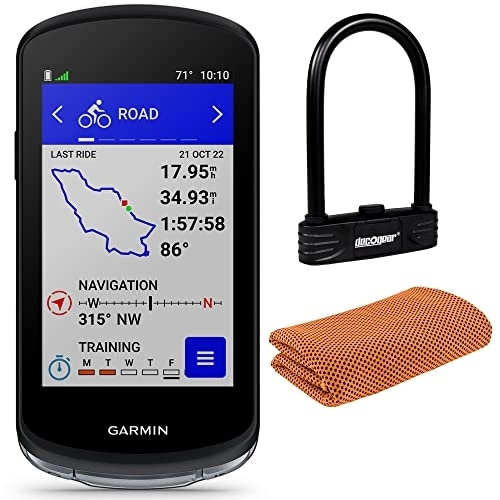 Computer per ciclismo : Garmin 010-02503-10 Edge 1040 - Pacchetto GPS per bicicletta con sensore di velocità / cadenza e HRM-Dual Monitor Bundle con combinazione di blocco a U resistente + asciugamano sportivo