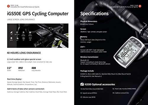 Computer per ciclismo : IGPSPORT iGS50E Set. Set Completo per Bicicletta GPS con sensore Candence & Speed, sensore di frequenza cardiaca e Supporto Frontale