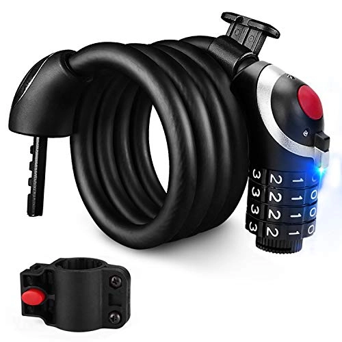 Bike Lock : AidSci Bike Lock with 4-Digit Resettable Number, LED Night Light Heavy Duty Combination Cable Lock, High-Security Chain Lock (150cm / 12mm) for Bicycle Tricycle Scooter