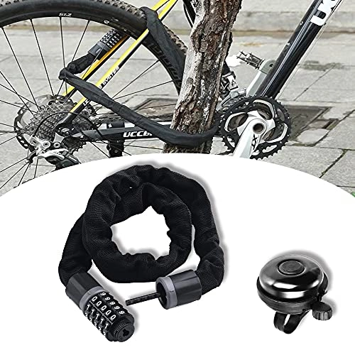 Bike Lock : Bicycle Chain Lock, KZIOACSH 120cm / 3.94 Feet Long 5.7 mm Chain 5-Digit Resettable Combination Security Anti-Theft Bike Password Lock Chain with Loud Crisp Clear Sound Classic Aluminum Bicycle Bell