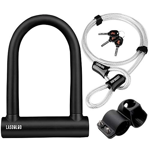 Bike Lock : Bike U Lock, Heavy Duty High Security D Shackle Bike Lock with 4FT / 1.2M Steel Flex Cable and Sturdy Mounting Bracket for Bikes, Bicycle, Motorbikes, Motorcycles (21x16cm)