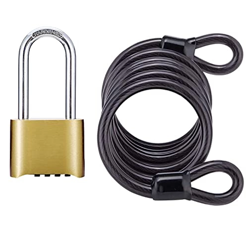 Bike Lock : Cable Lock, Bike Locks, Bike Lock Cable, 180cm / 5.9 FT Long, 9.78mm Thick Heavy Duty Vinyl Coated Flexible Steel Security Cable, with 4 Resettable Combination Brass Padlocks for Bike, Gate, Fence