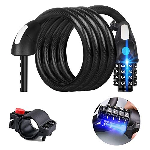 Bike Lock : CICL Bike Lock Cable with LED Night Light 4 Digit Heavy Duty Black Bike Lock Resettable Combination Coiling Bike Cable Lock with Bike Mount Holder, 6 Feet / 1.8 Meters
